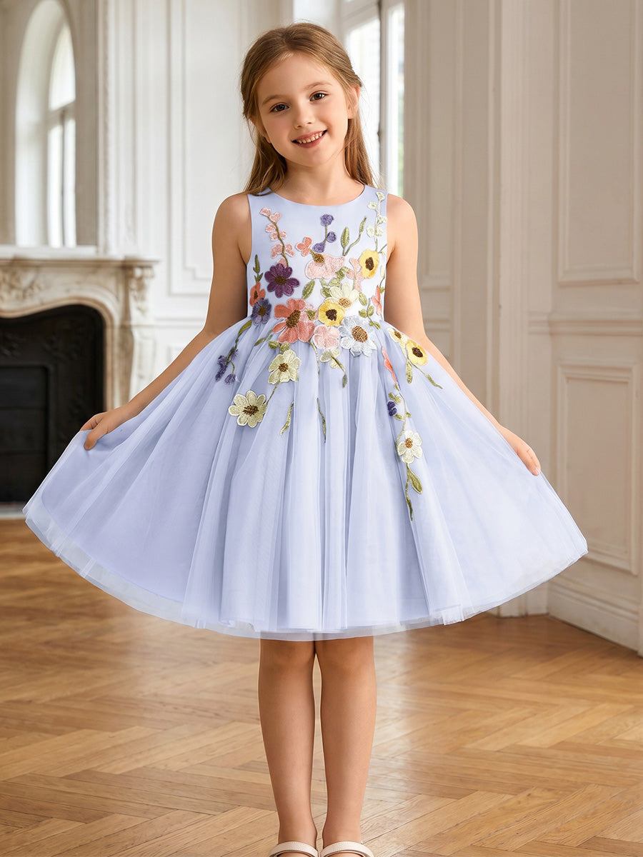 A-Line/Princess Scoop Sleeveless Knee-Length Flower Girl Dresses with 3D Flowers As Pic