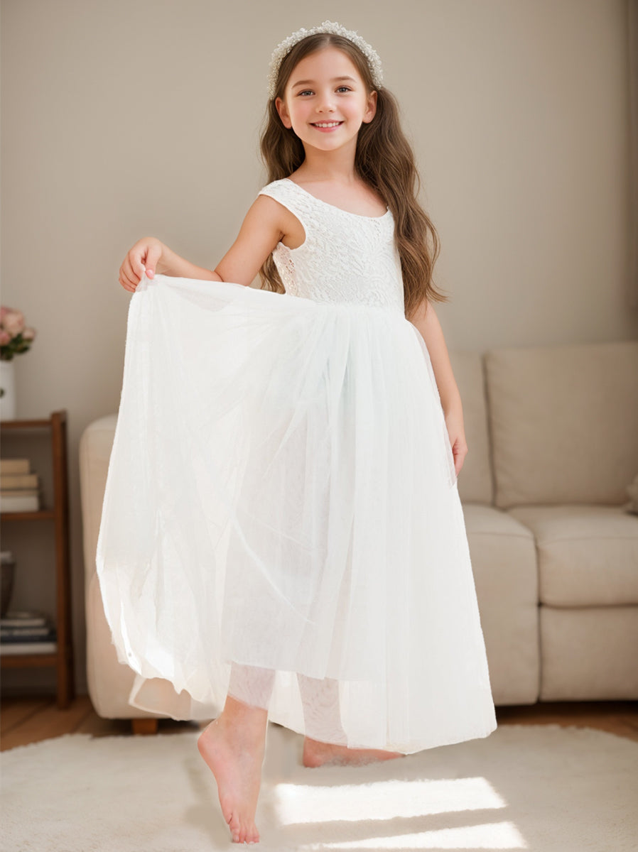 A-line Lace Tulle Ankle-length White Dress White