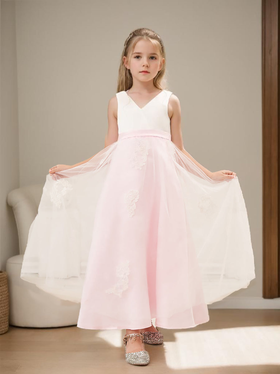 A-line Satin Tulle Ankle-length Pink Dress Ivory