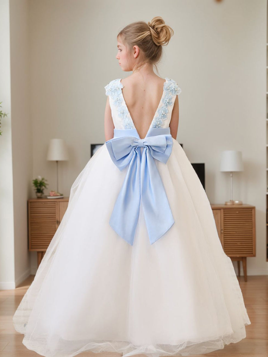 Ball-Gown/Princess 3d Flower Tulle Floor-length Ivory Flower Girl Dress Sky Blue