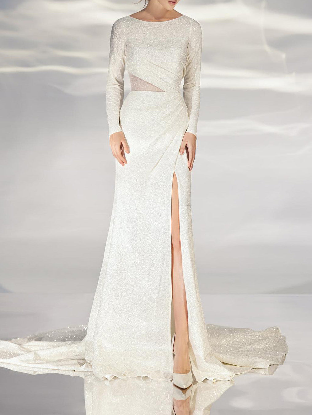Trumpet/Mermaid Long Sleeves Wedding Dress with Sequins & Split Side White