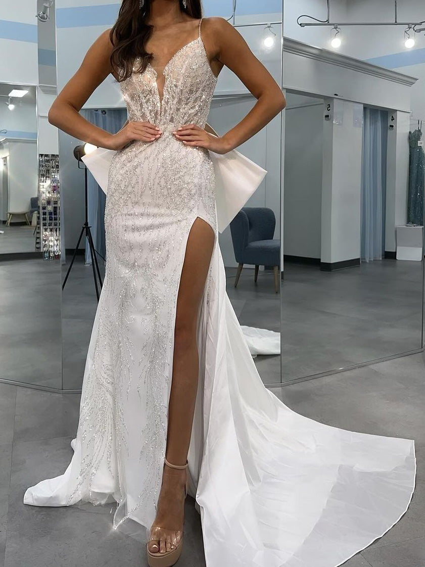 Sheath/Column Spaghetti Straps V-Neck Wedding Dress with Sequins & Split Side Ivory
