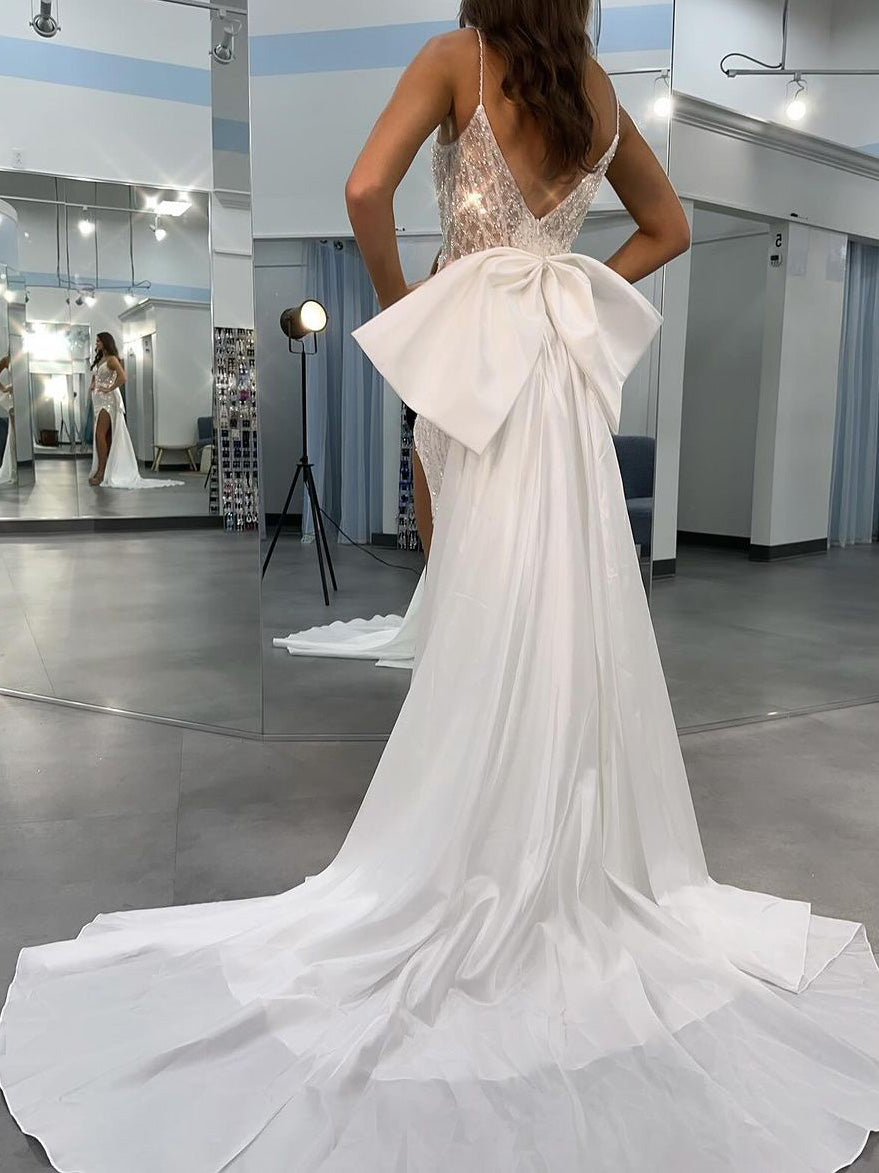 Sheath/Column Spaghetti Straps V-Neck Wedding Dress with Sequins & Split Side Default Title