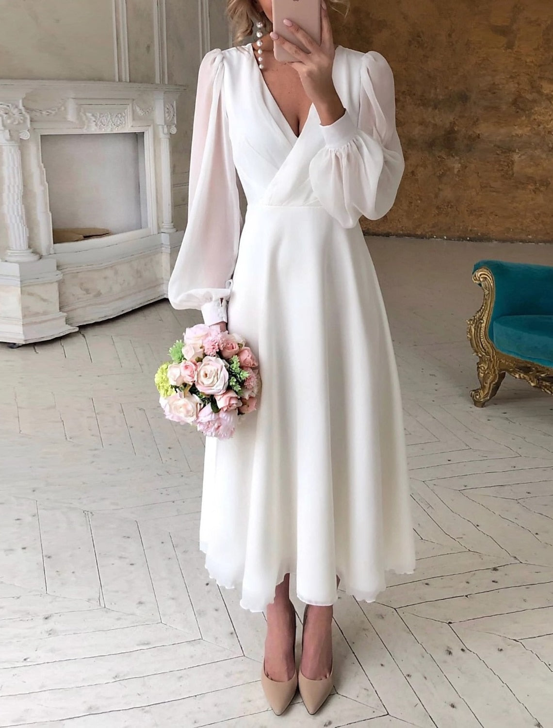 A-Line/Princess V-Neck Tea-length Wedding Dress Ivory