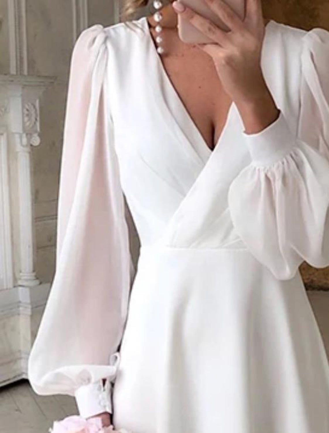 A-Line/Princess V-Neck Tea-length Wedding Dress Champagne