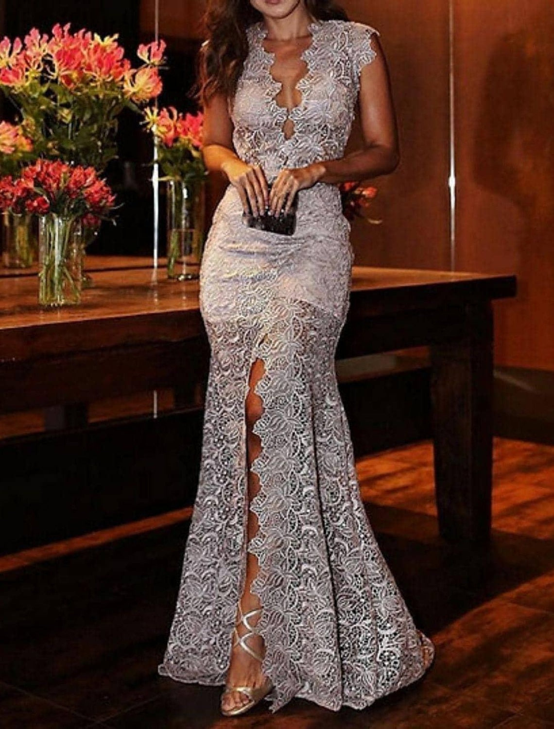 Trumpet/Mermaid V-Neck Floor-length Lace Wedding Dress Light Grey