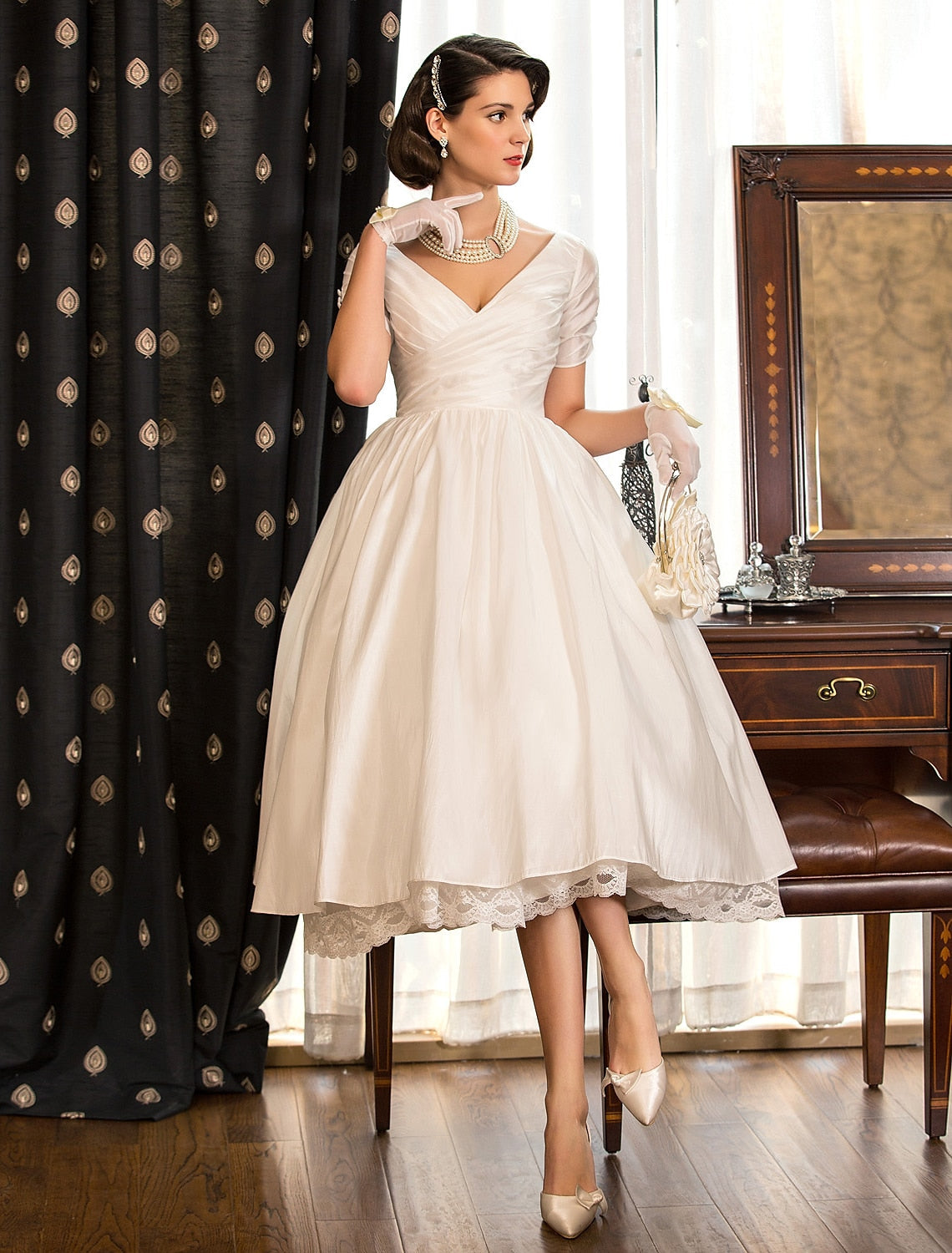 Ball Gown V-Neck Tea-length Lace Wedding Dress Ivory
