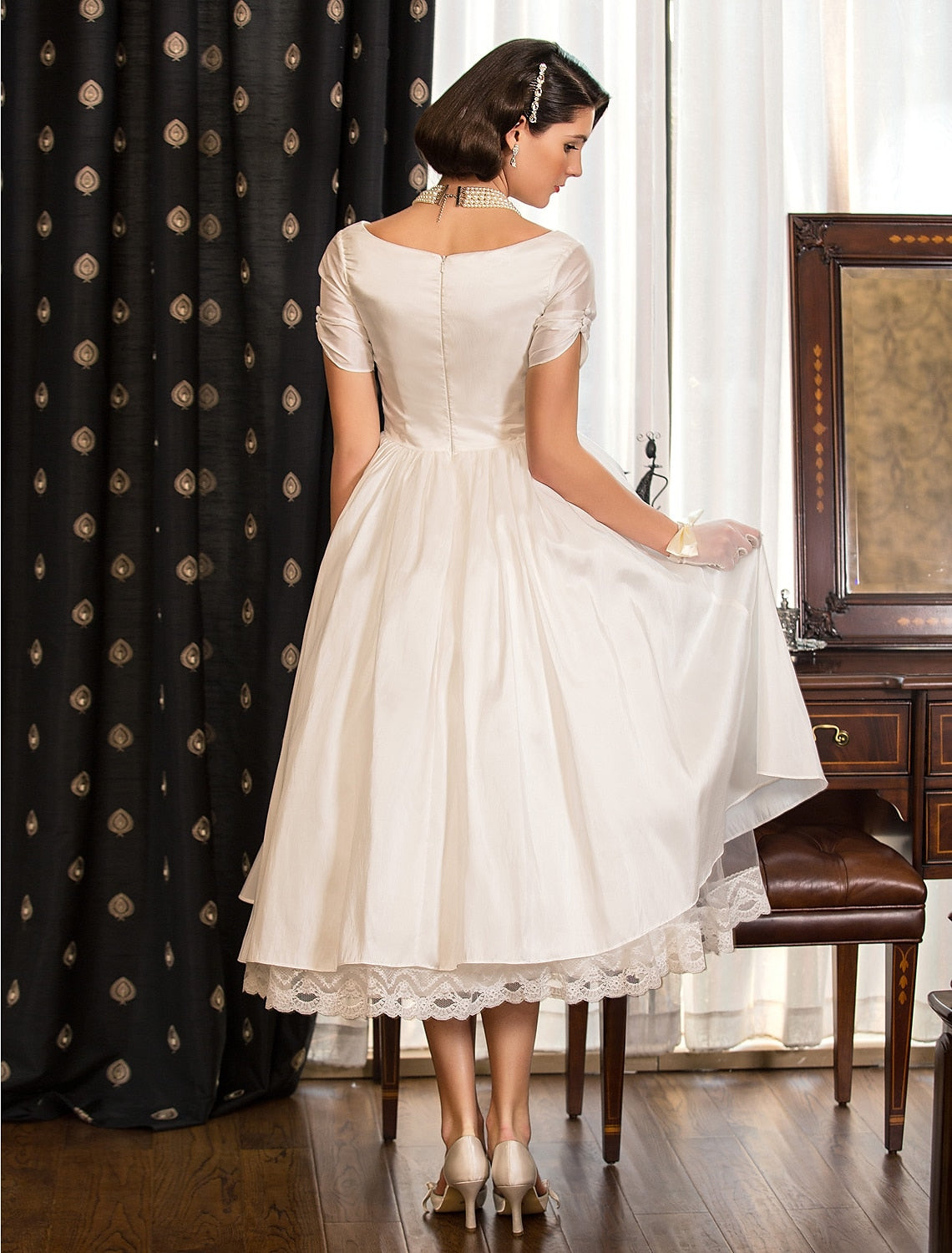 Ball Gown V-Neck Tea-length Lace Wedding Dress White
