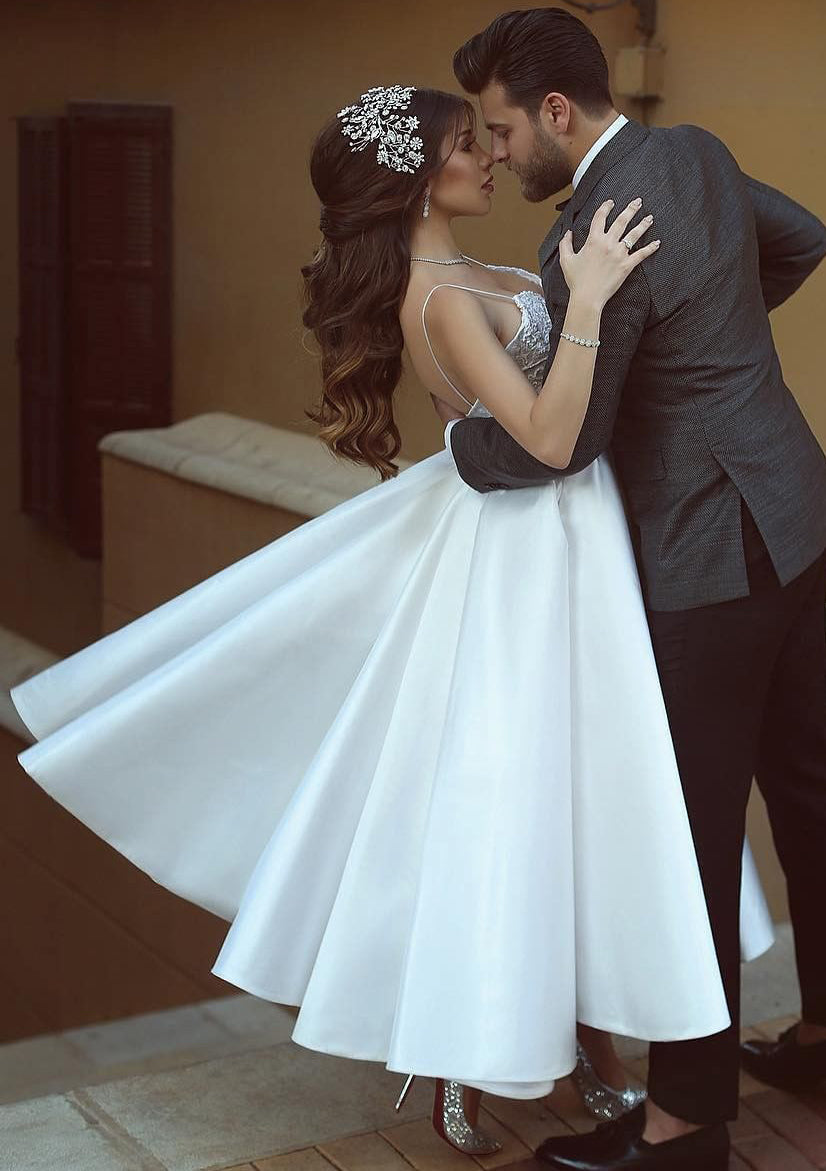 Ball Gown V-Neck Ankle-length Lace Wedding Dress White