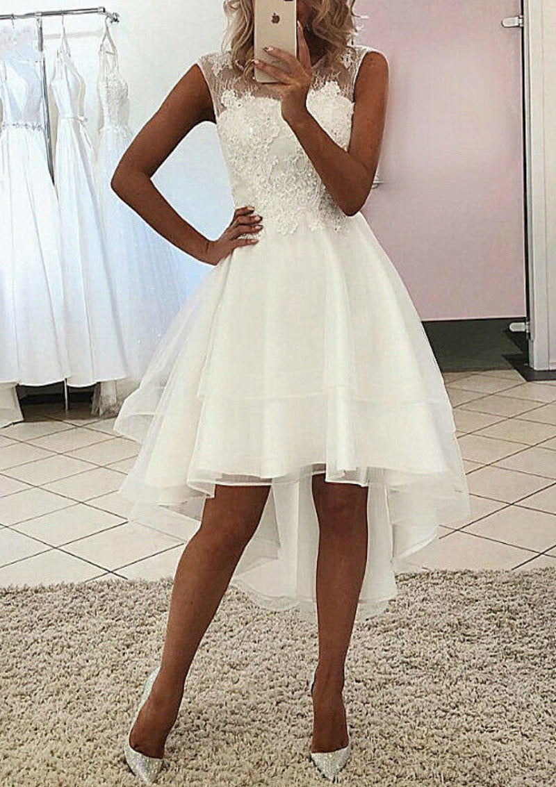 A-Line/Princess Scoop Asymmetrical Lace Wedding Dress Ivory