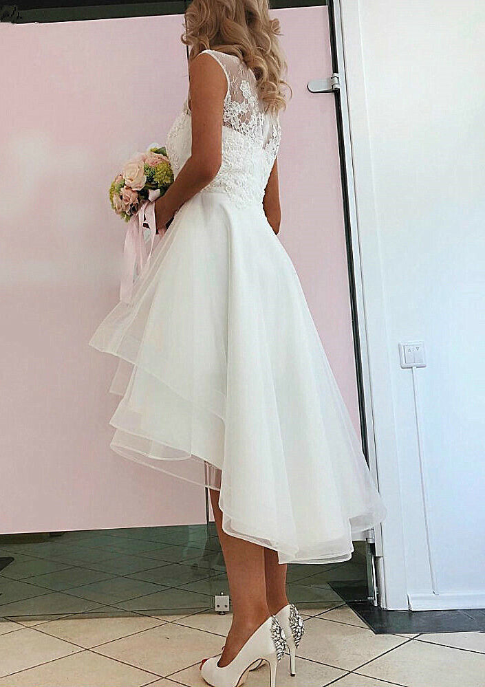 A-Line/Princess Scoop Asymmetrical Lace Wedding Dress White