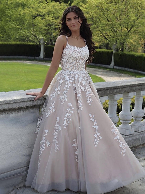 Ball Gown Spaghetti Straps Floor-length Lace Wedding Dress Champagne