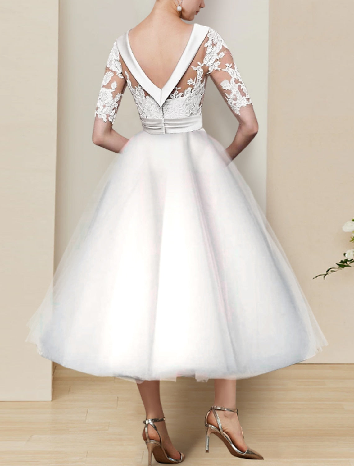 Ball Gown Scoop Tea-length Lace Wedding Dress White