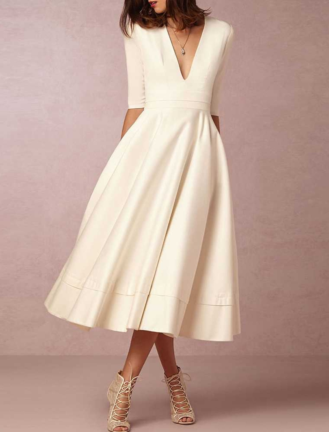 A-Line/Princess V-Neck Tea-length Wedding Dress Ivory