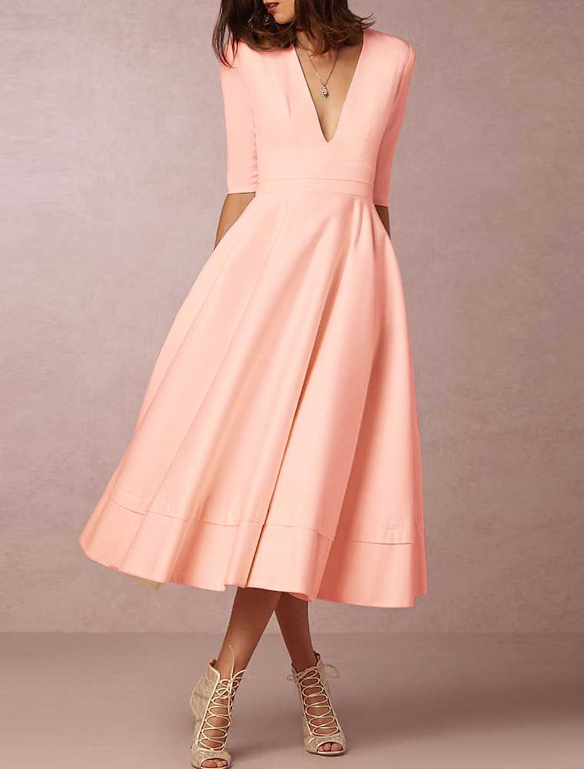 A-Line/Princess V-Neck Tea-length Wedding Dress Candy Pink