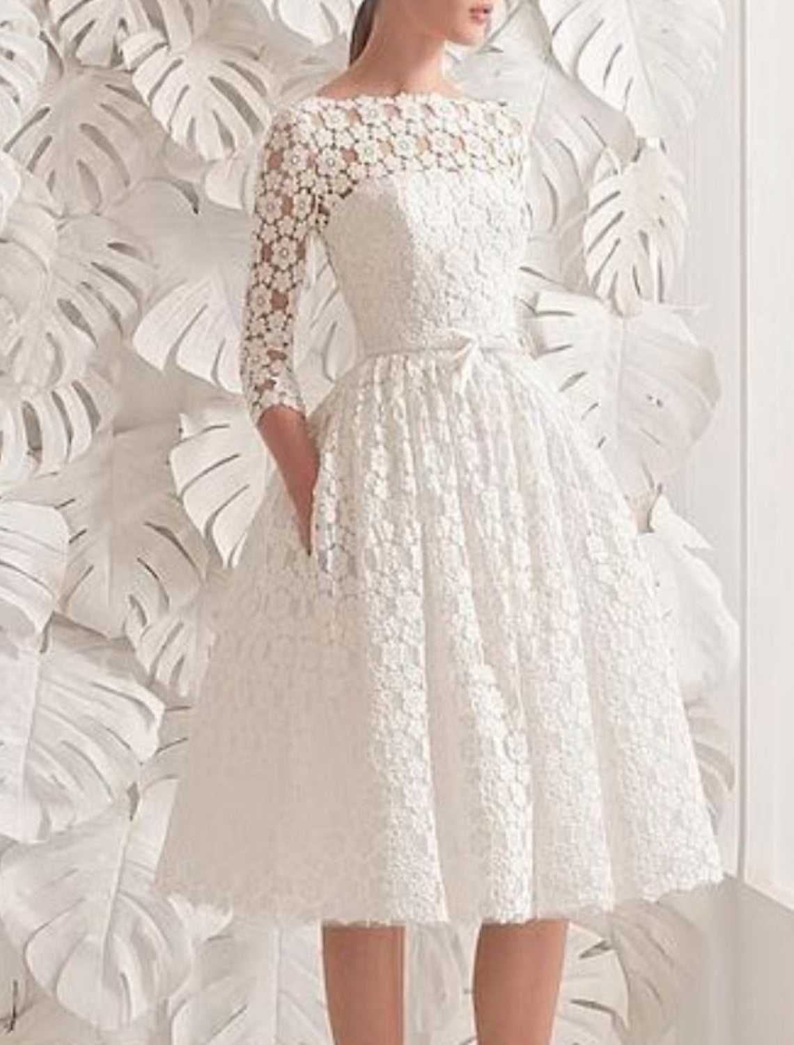 A-Line/Princess Scoop Knee-length Lace Wedding Dress Ivory