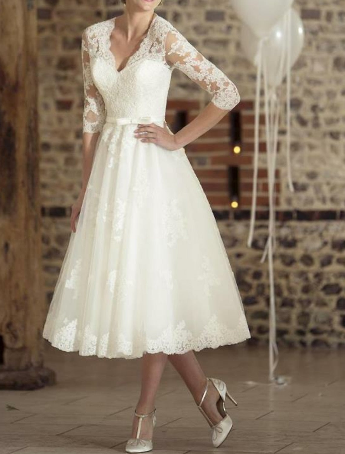 A-Line/Princess V-Neck Tea-length Lace Wedding Dress Ivory