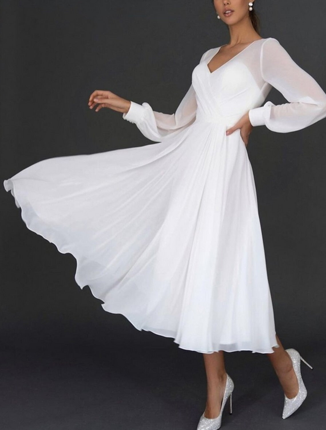 A-Line/Princess V-Neck Tea-length Wedding Dress Ivory