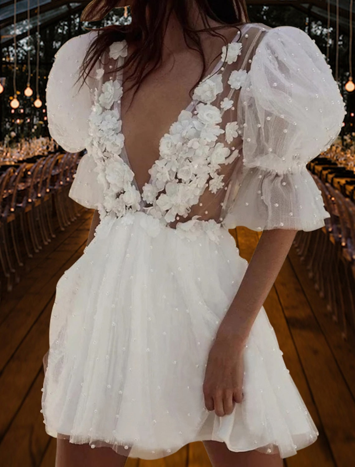 A-Line/Princess V-Neck Mini Lace Wedding Dress Ivory