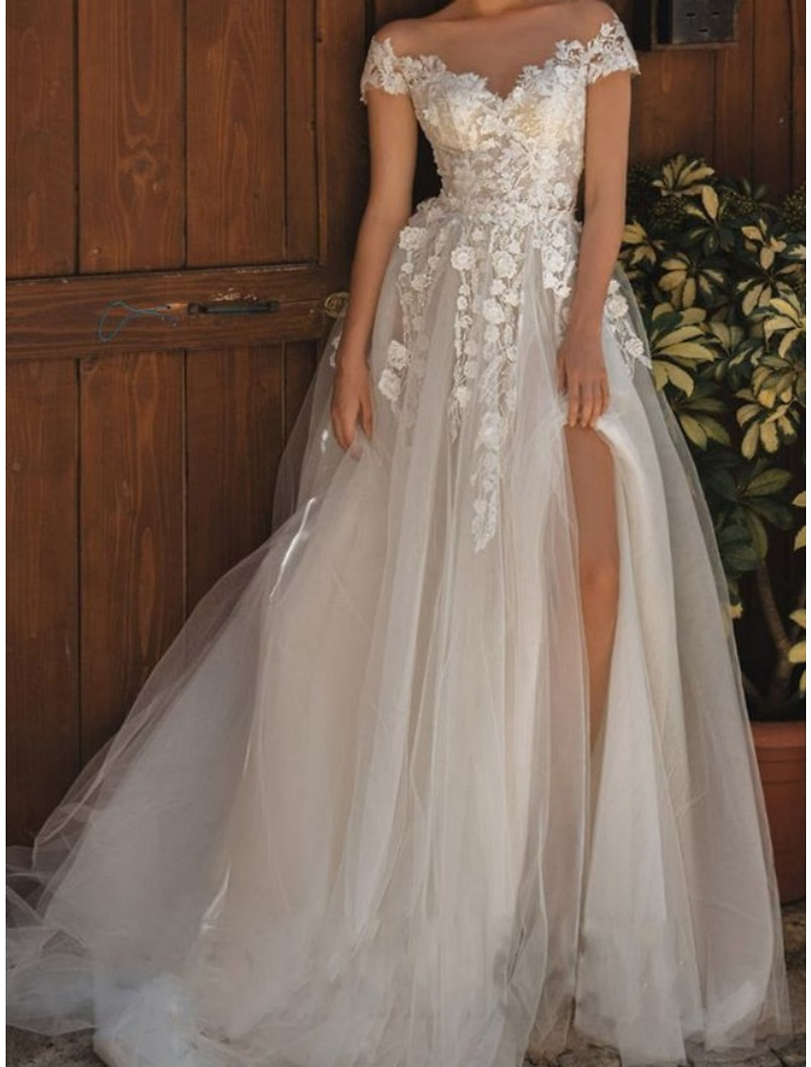 A-Line/Princess Off-the-Shoulder Floor-length Lace Wedding Dress Ivory
