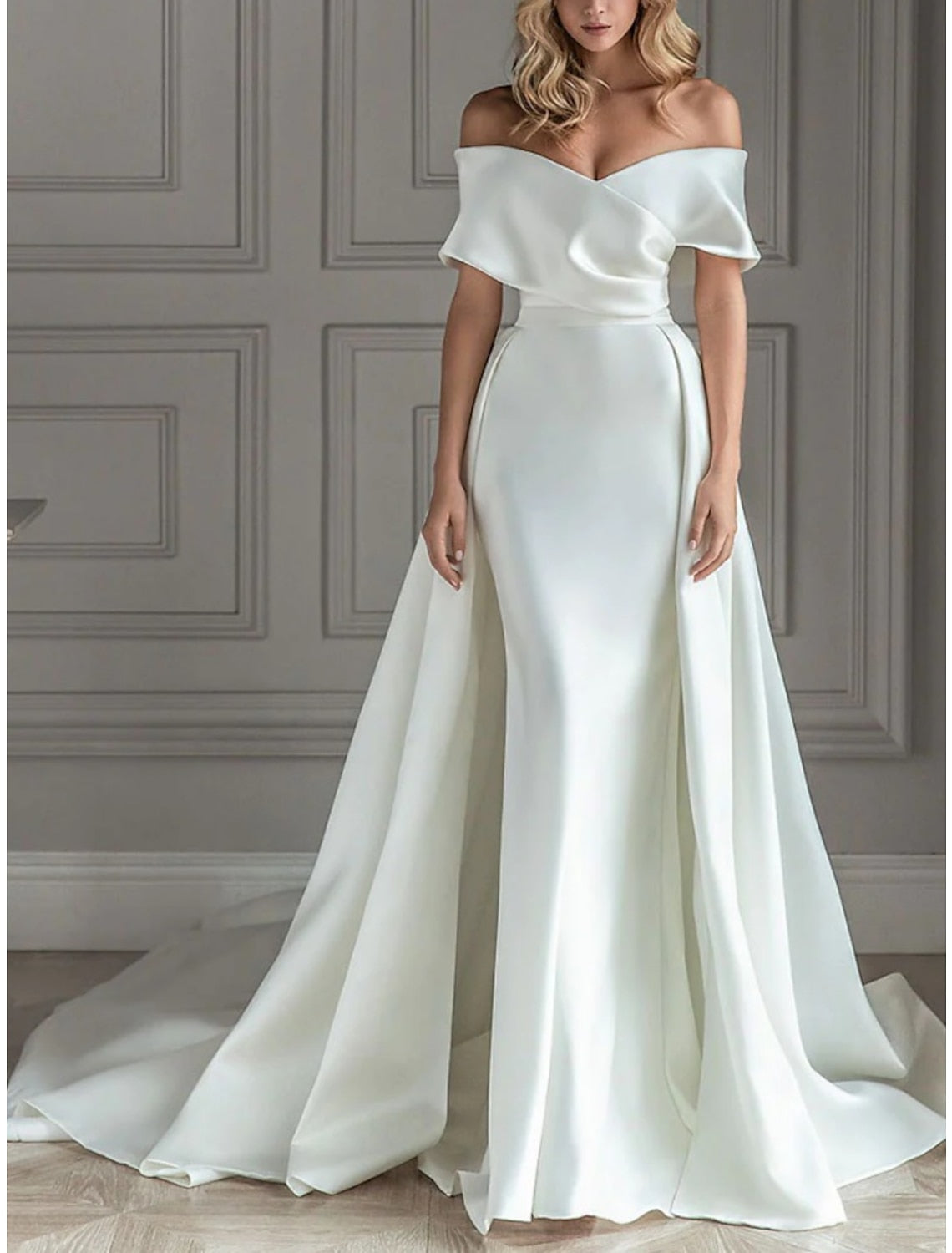 A-Line/Princess Off-the-Shoulder Floor-length Wedding Dress Ivory