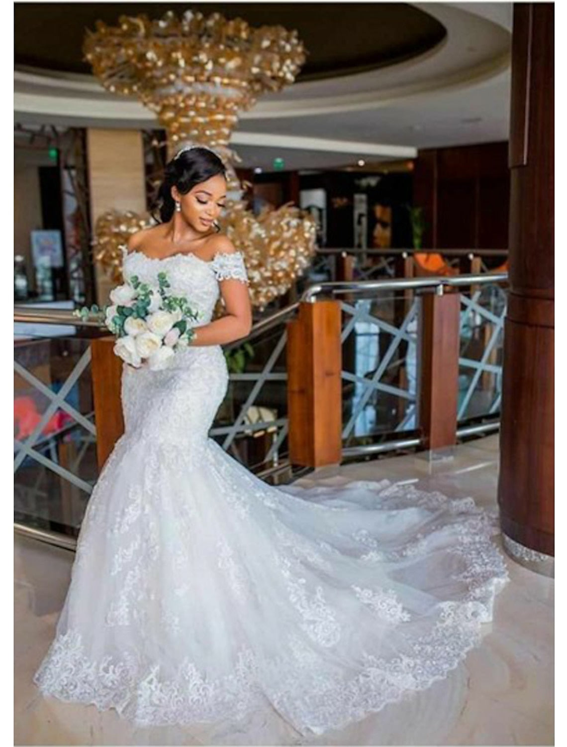 Trumpet/Mermaid Off-the-Shoulder Floor-length Lace Wedding Dress Ivory