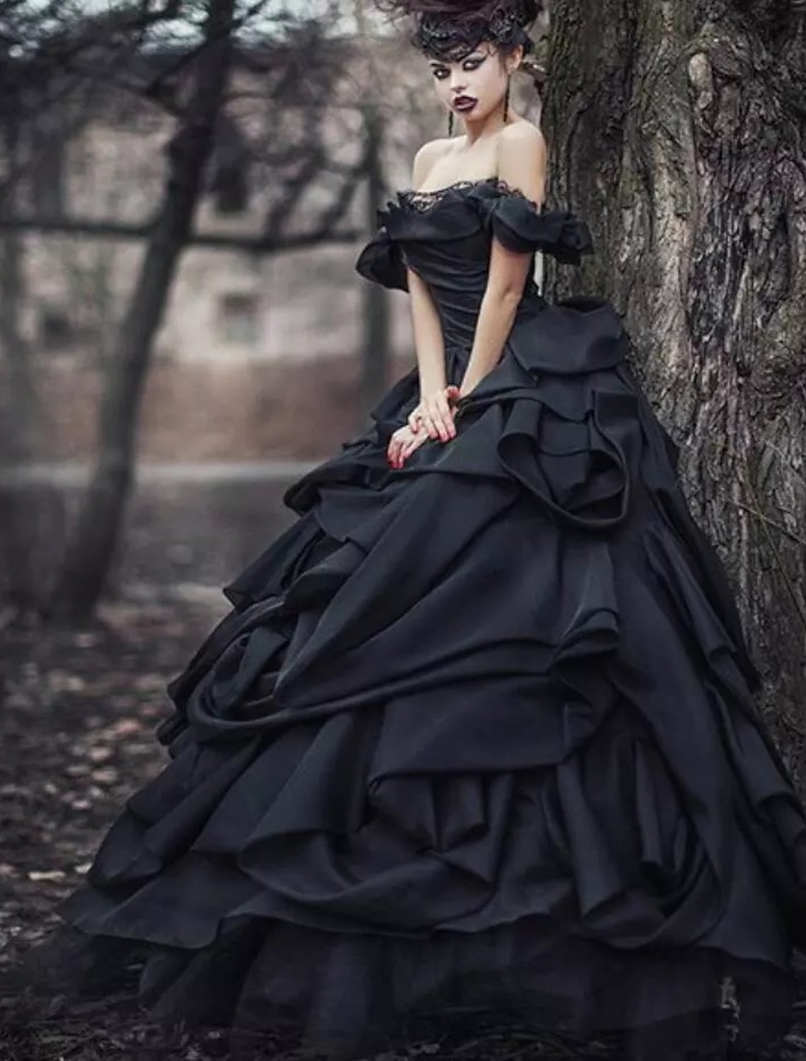 Ball Gown Off-the-Shoulder Floor-length Lace Wedding Dress Black