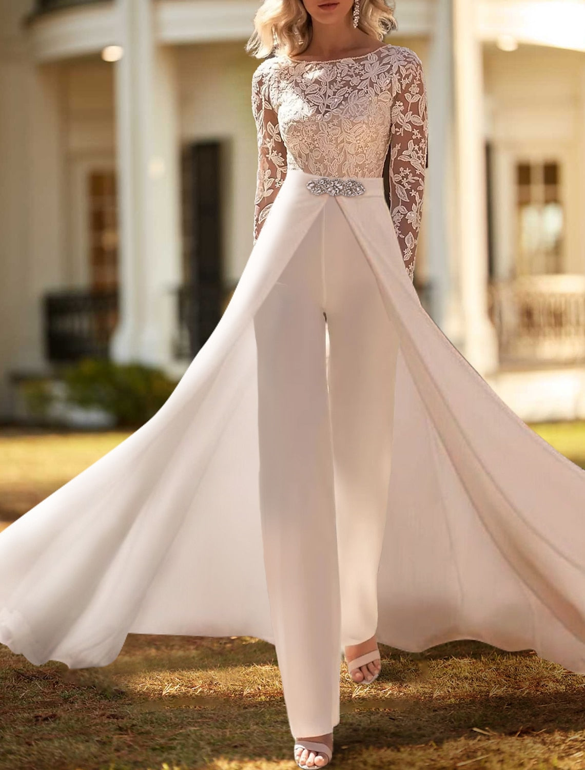 Two Piece Scoop Floor-length Lace Wedding Dress Ivory