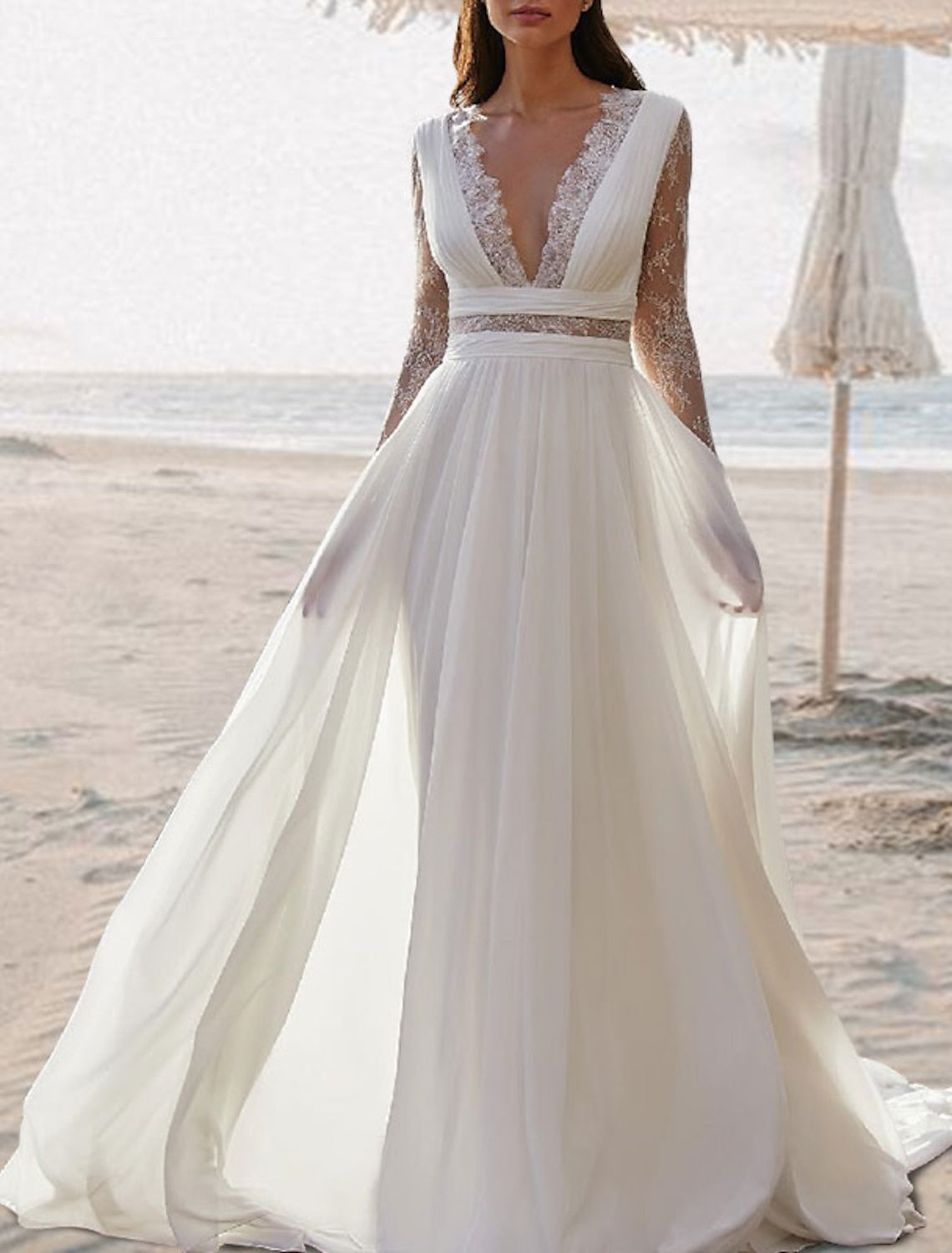A-Line/Princess V-Neck Floor-length Lace Wedding Dress Ivory