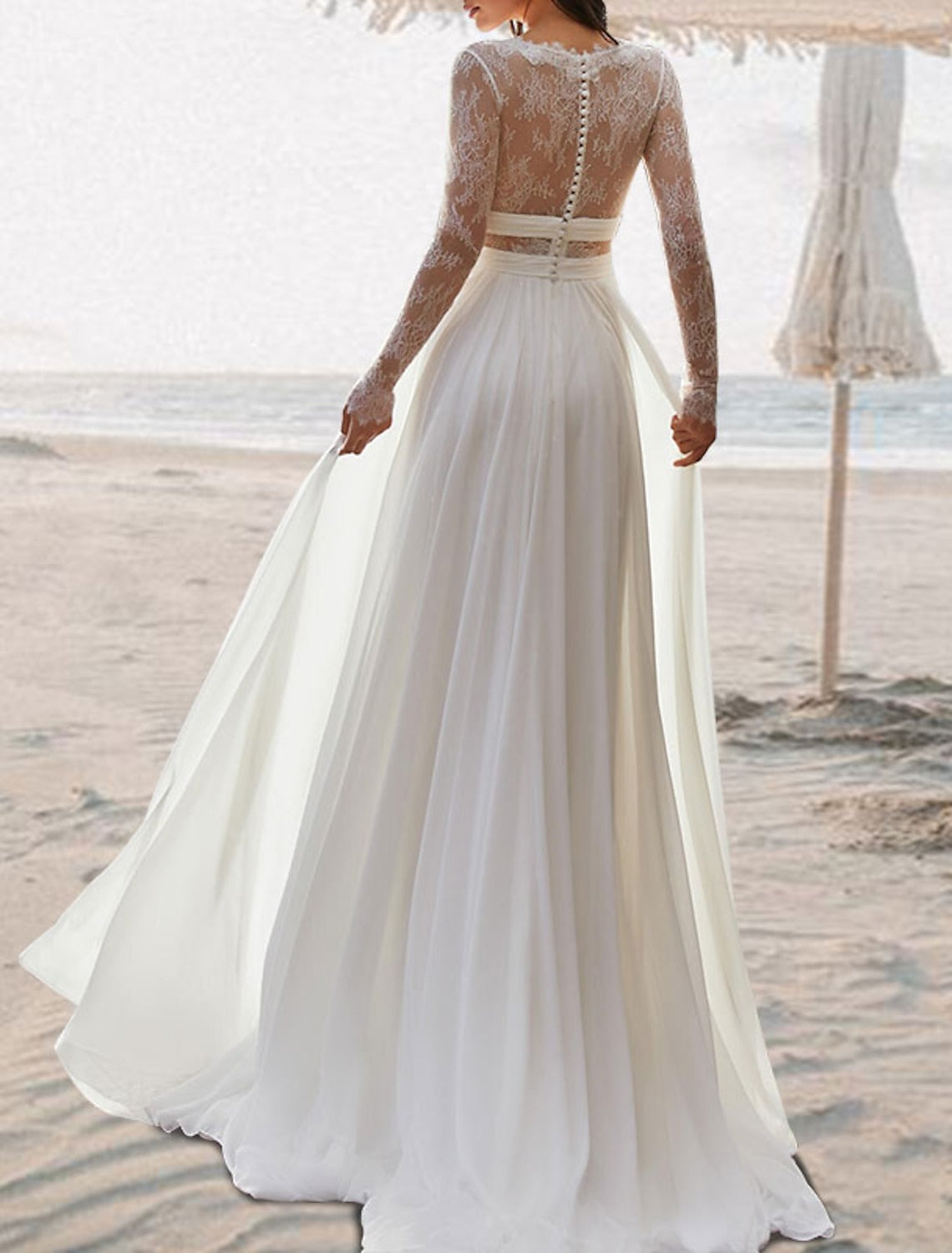 A-Line/Princess V-Neck Floor-length Lace Wedding Dress White