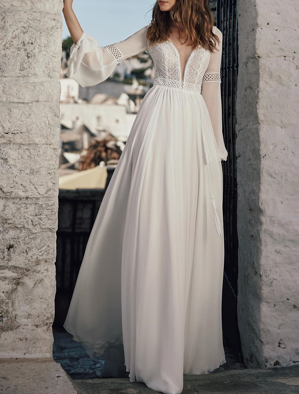 A-Line/Princess V-Neck Floor-length Lace Wedding Dress Ivory