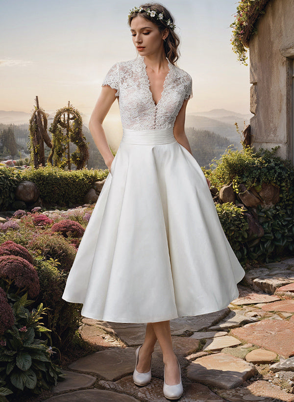 Ball Gown V-Neck Tea-Length Lace Wedding Dress Ivory