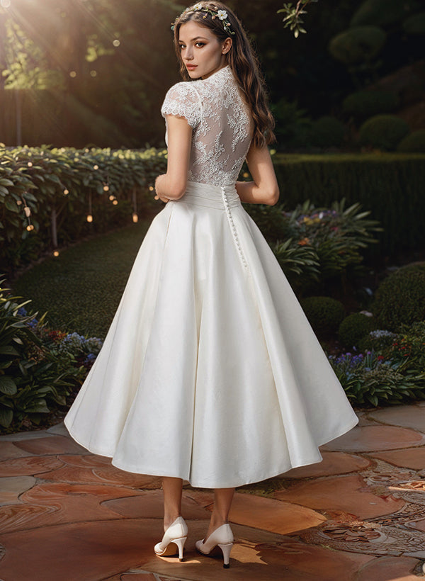 Ball Gown V-Neck Tea-Length Lace Wedding Dress White