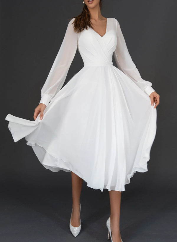 A-Line/Princess V-Neck Tea-Length Wedding Dress White