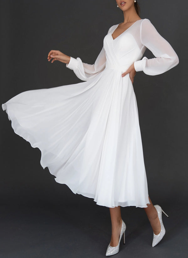 A-Line/Princess V-Neck Tea-Length Wedding Dress Champagne
