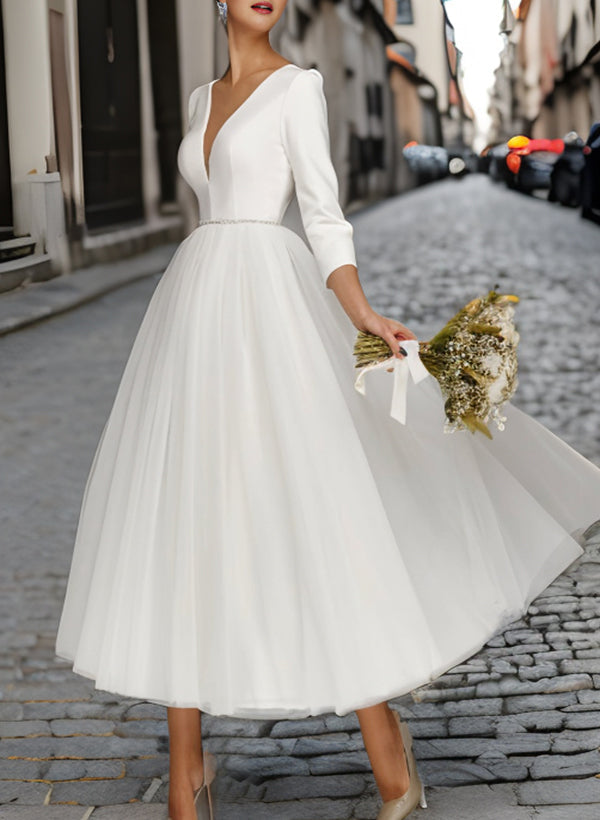 A-Line/Princess V-Neck Tea-Length Wedding Dress Ivory