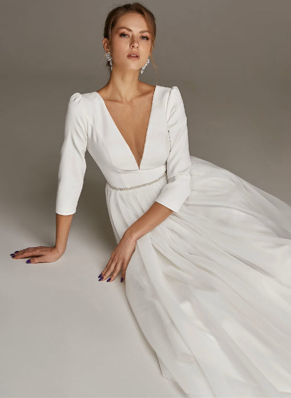 A-Line/Princess V-Neck Tea-Length Wedding Dress White