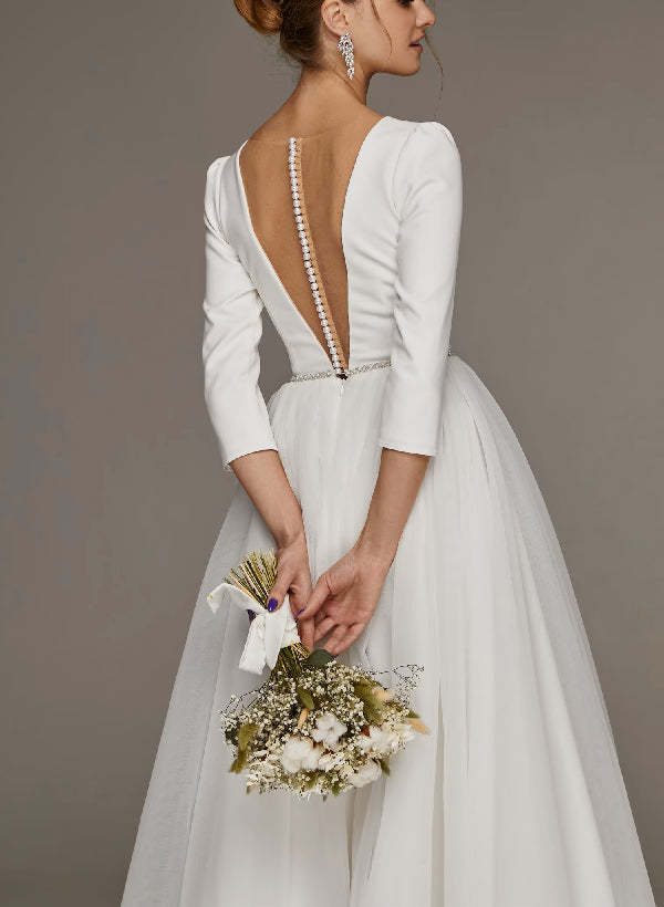 A-Line/Princess V-Neck Tea-Length Wedding Dress Champagne