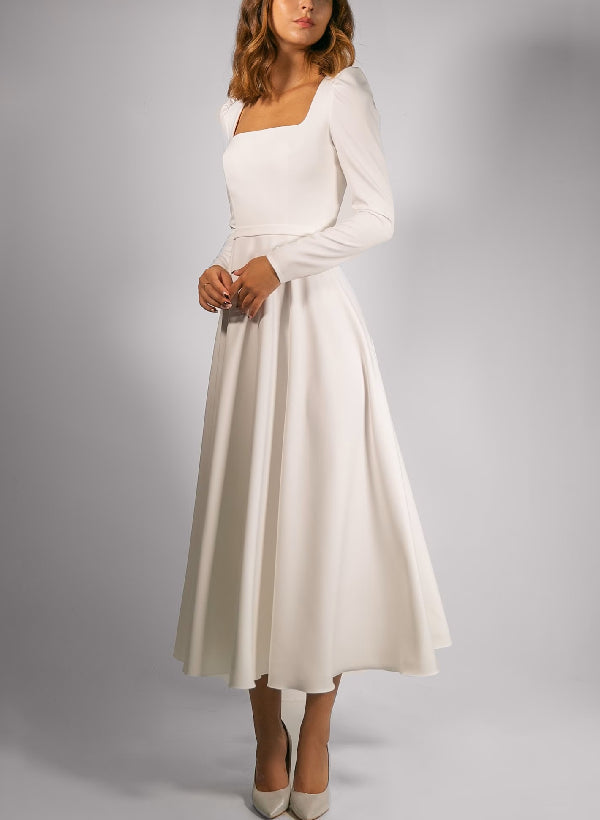 A-Line/Princess Square Tea-Length Wedding Dress Ivory