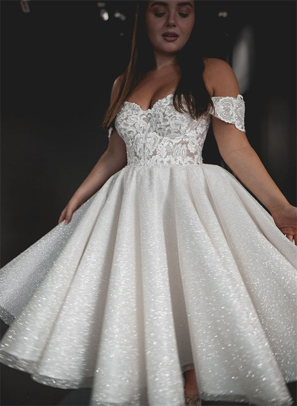 A-Line/Princess Off-the-Shoulder Tea-Length Lace Wedding Dress Ivory