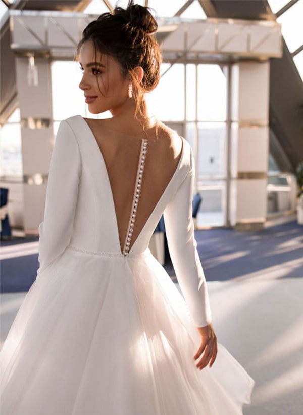 A-Line/Princess V-Neck Tea-Length Wedding Dress White