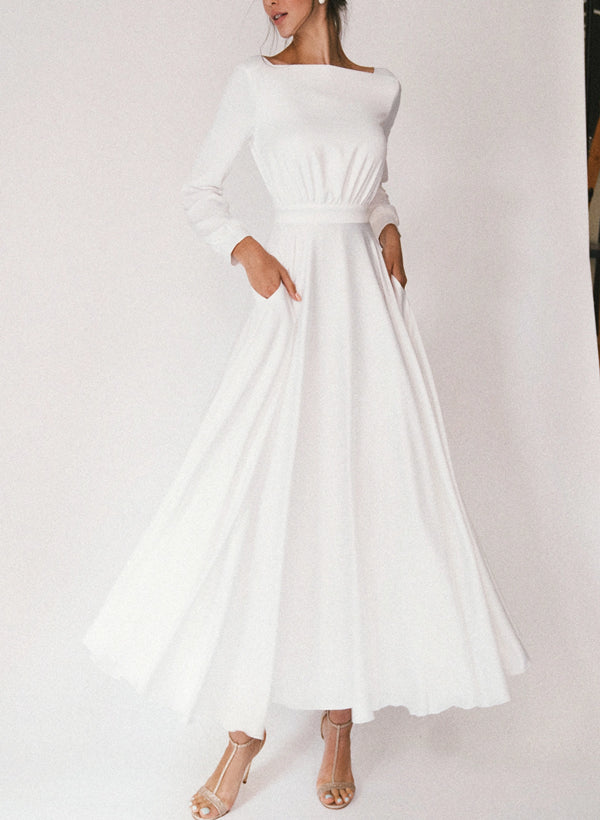 A-Line/Princess Square Tea-Length Wedding Dress White