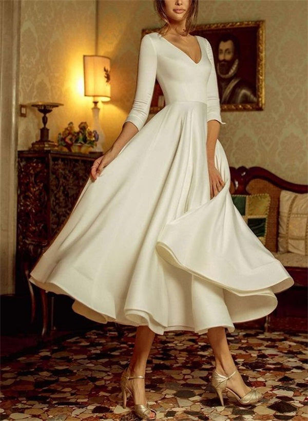 A-Line/Princess V-Neck Tea-Length Wedding Dress Ivory