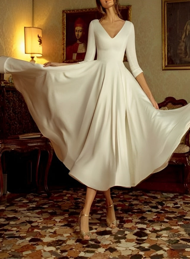 A-Line/Princess V-Neck Tea-Length Wedding Dress White