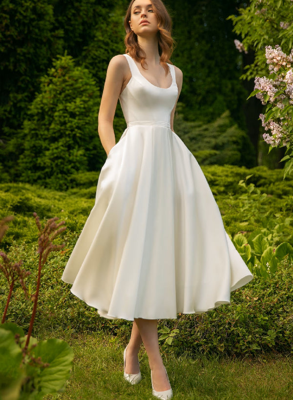 A-Line/Princess Scoop Tea-Length Wedding Dress Ivory
