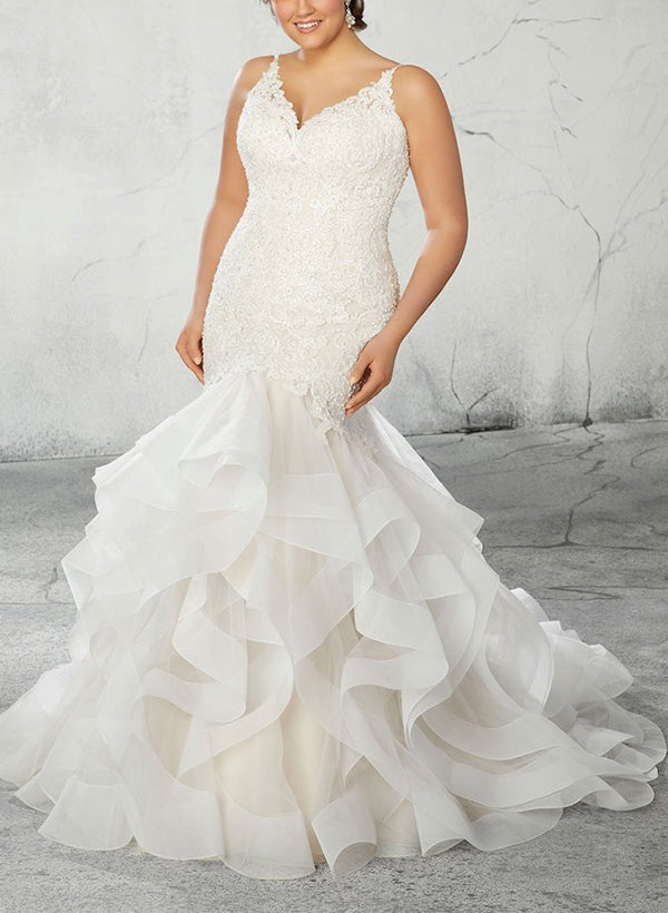 Trumpet/Mermaid V-Neck Plus Size Lace Wedding Dress with Applique & Ruffles Ivory