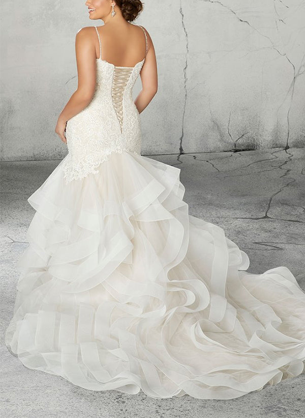 Trumpet/Mermaid V-Neck Plus Size Lace Wedding Dress with Applique & Ruffles White