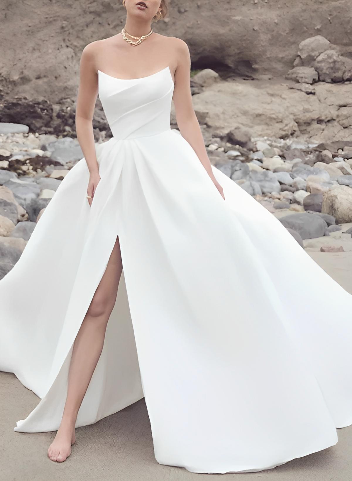 A-Line/Princess Strapless Plus Size Wedding Dress with Split Side White