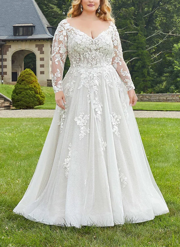 A-Line/Princess V-Neck Long Sleeves Plus Size Lace Wedding Dress with Applique Ivory