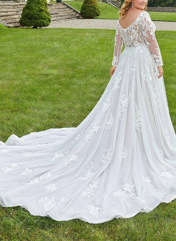 A-Line/Princess V-Neck Long Sleeves Plus Size Lace Wedding Dress with Applique Pink